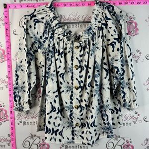 MELLODAY blouse shirt floral Navy and White Button-Front Peasant Blouse